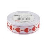 Wstążka satynowa biała w czerwone serduszka 12mm/22m. *5940*