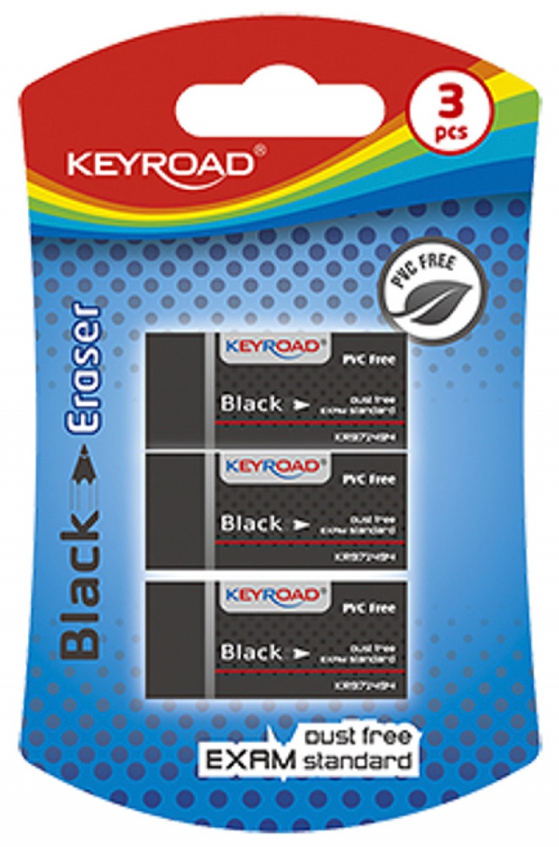 Gumka uniwersalna KEYROAD Black, 3szt., blister, czarna - obrazek 1