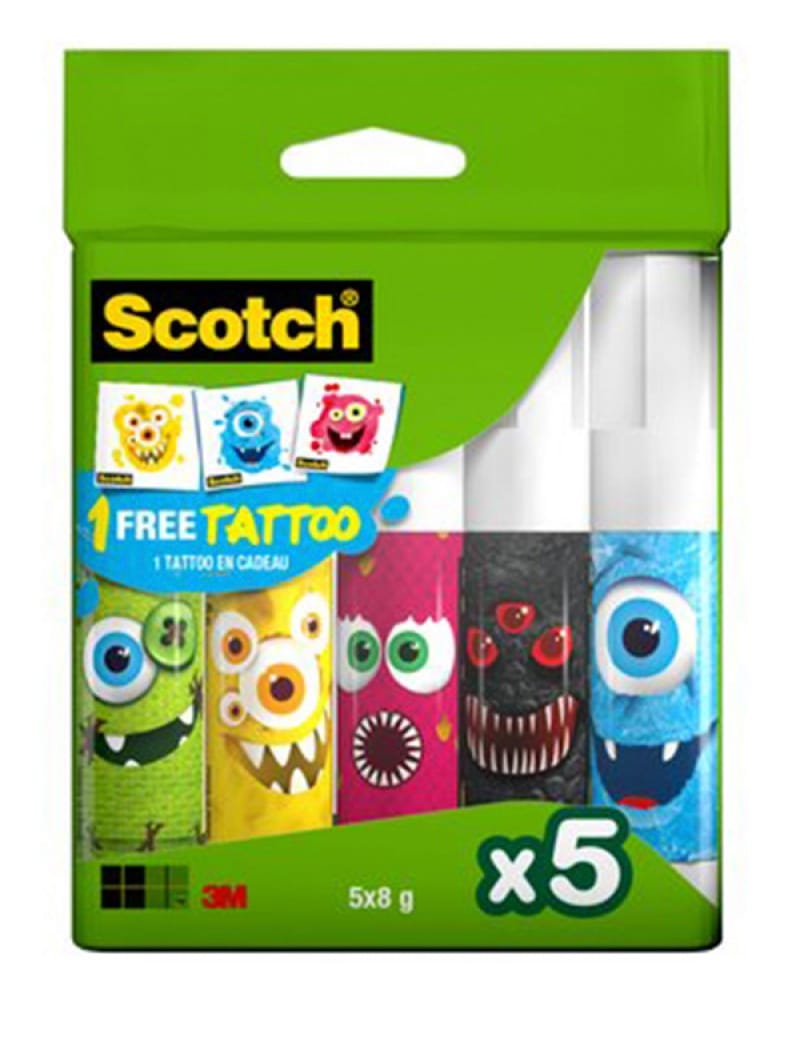 249905-227046-klej_szkolny_w_sztyfcie_scotch_monsters_edit-800w Klej szkolny w sztyfcie SCOTCH® Monsters Edition, do papieru, 8g, 5szt, bezbarwny - obrazek 1