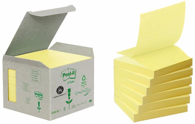 254263-230983-ekologiczne_karteczki_samoprzylepne_post_it_-800w Karteczki samoprzylepne POST-IT® Recycled Z-Notes (R330-1B), 76x76mm, 6x100 kart., żółte - obrazek 1
