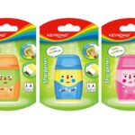 Temperówka plastikowa KEYROAD Hello, z gumką, podwójna, z pojemnikiem, blister, mix kolorów