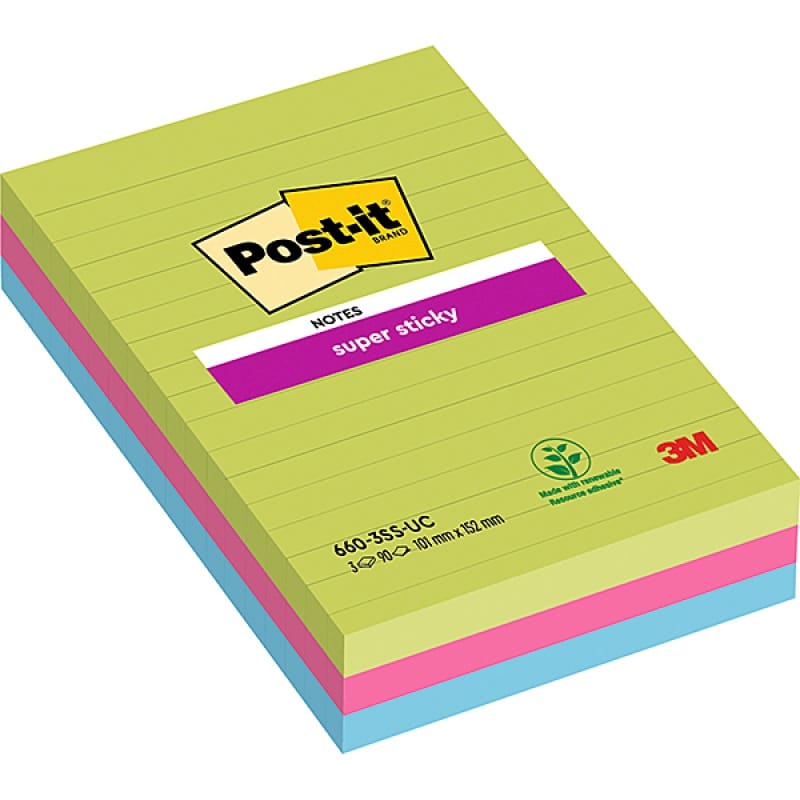 316046-346769-karteczki_samoprzylepne_post_it_super_sticky-800w Karteczki samoprzylepne POST-IT® Super Sticky w linie (660 - 3 SSUC), 102x152mm, 3x90 kart., neonowe - obrazek 1