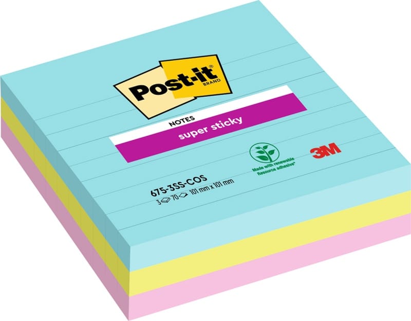 342058-270045-karteczki_samoprzylepne_post_it_super_sticky-800w Karteczki samoprzylepne POST-IT® Super Sticky w linie, (675-SS3-MIA), 101x101mm, 3x70 kart., paleta Miami - obrazek 1