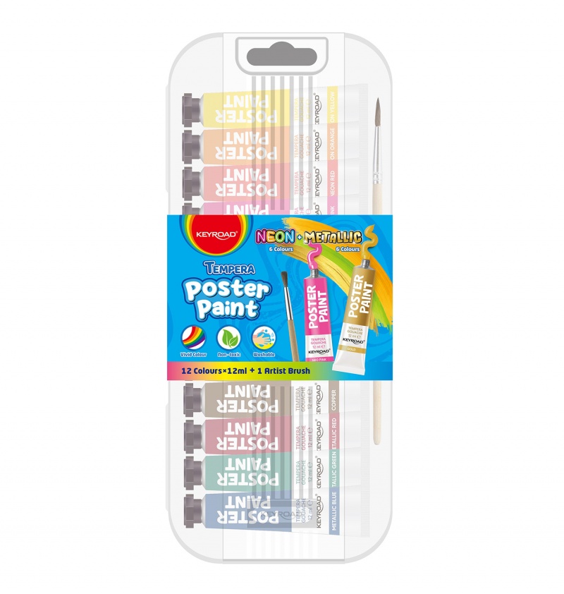 342495-367696-farby_plakatowe_keyroad_12x12ml_pedzelek_gra-800w Farby plakatowe KEYROAD, 12x12ml, pędzelek gratis, mix kolorów metalicznych i neonowych - obrazek 1
