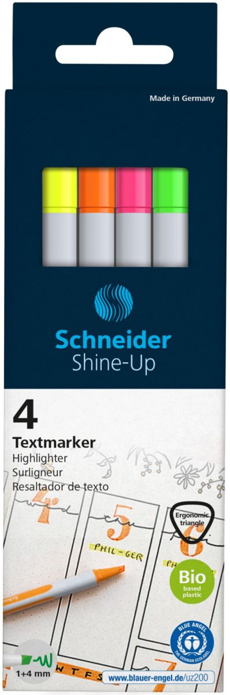 361187-382985-zestaw_zakreslaczy_schneider_schine_up_1_4mm-800w Zestaw zakreślaczy SCHNEIDER Shine-Up, 1-4mm, 4 szt., pudełko z zawieszką, mix kolorów - obrazek 1