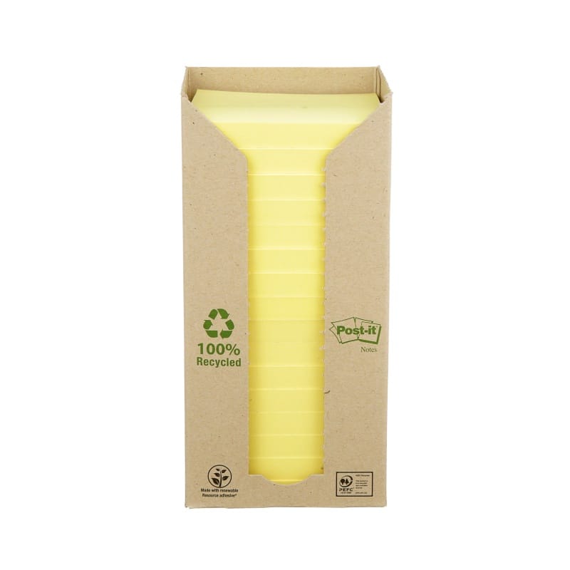 365984-258272-bloczek_samoprzylepny_ekologiczny_post_it_65-800w Karteczki samoprzylepne POST-IT® Recycled Notes (654-1T), 76x76mm, 16x100 kart., żółty - obrazek 1