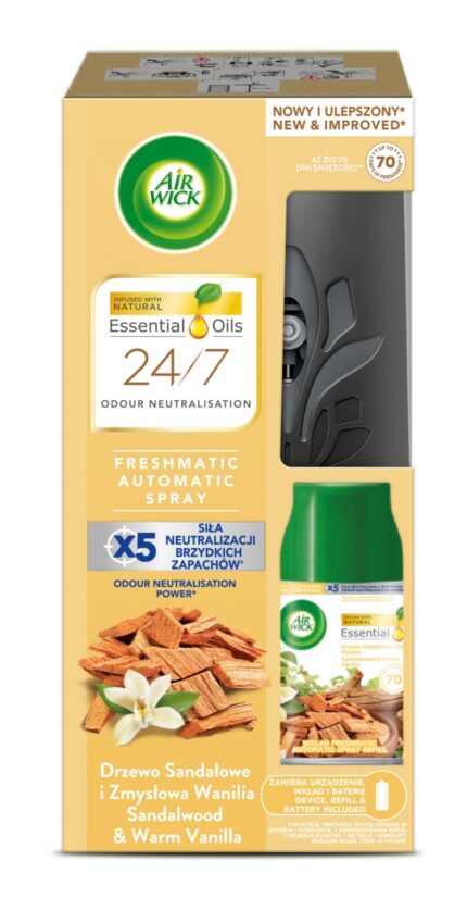 Automatyczny odświeżacz powietrza AIR WICK FRESHMATIC komplet z wkładem, drzewo sandałowe i zmysłowa wanilia, 250 ml