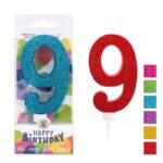 Świeczka urodzinowa TRENDHAUS Birthday Fun maxi, brokatowa, cyfra 9, mix kolorów (opakowanie 6 szt.)
