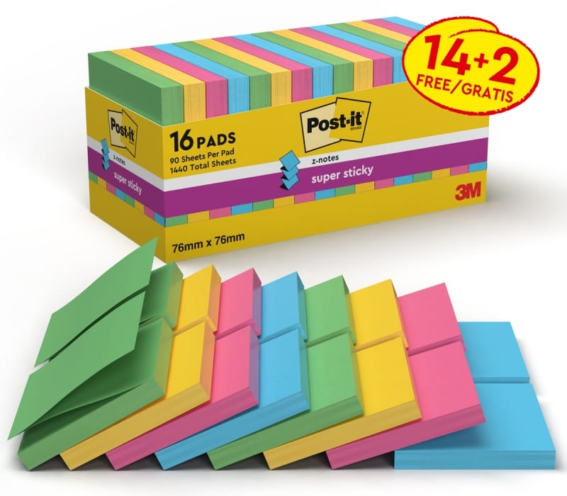 387440-240740-karteczki_samoprzylepne_post_it_super_sticky-800w Karteczki samoprzylepne POST-IT® Super Sticky Z-Notes (R330-SS-VP16), 76x76mm, 90 kart./bloczek, 14+2 bloczki, mix kolorów - obrazek 1