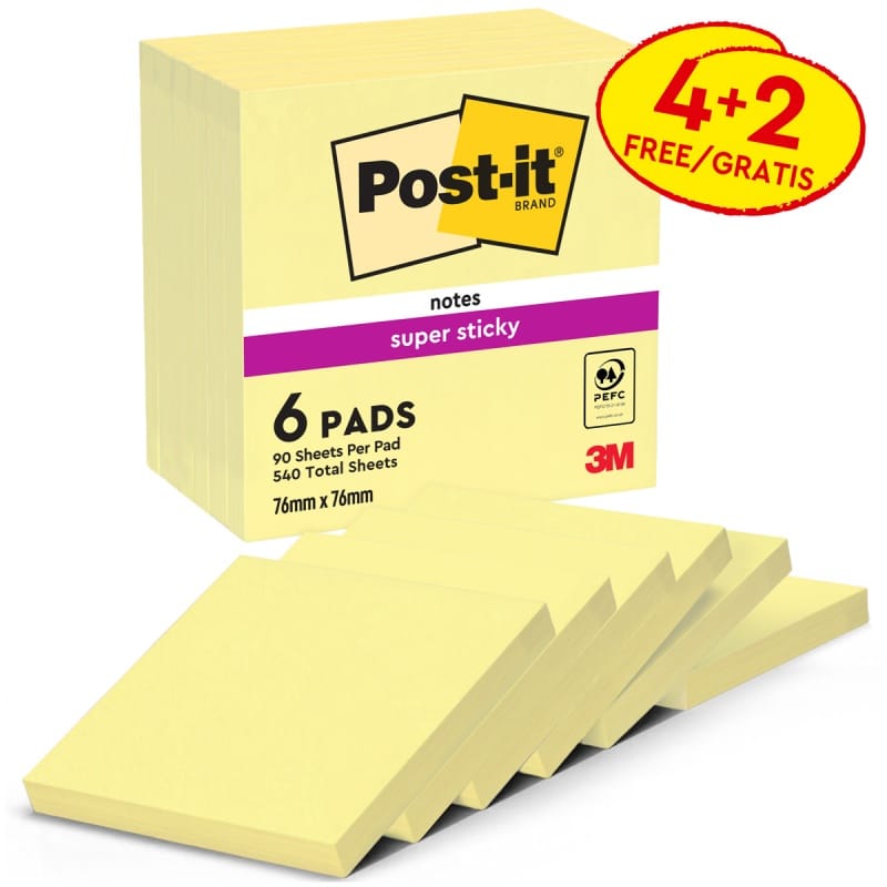 387459-349398-karteczki_samoprzylepne_post_it_super_sticky-800w Karteczki samoprzylepne POST-IT® Super Sticky (654-P6SSCY-EU), 76x76mm, 90 kart./bloczek, 4 + 2 bloczki GRATIS, kanarkowo żółte - obrazek 1