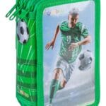 Piórnik szkolny GIMBOO, z wyposażeniem, 3 komory, piłka nożna, zielony