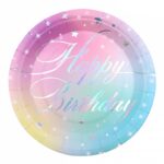 Talerz papierowy PARTY GO Happy Birthday, 18cm, 8 szt., mix kolorów (opakowanie 12 szt.)