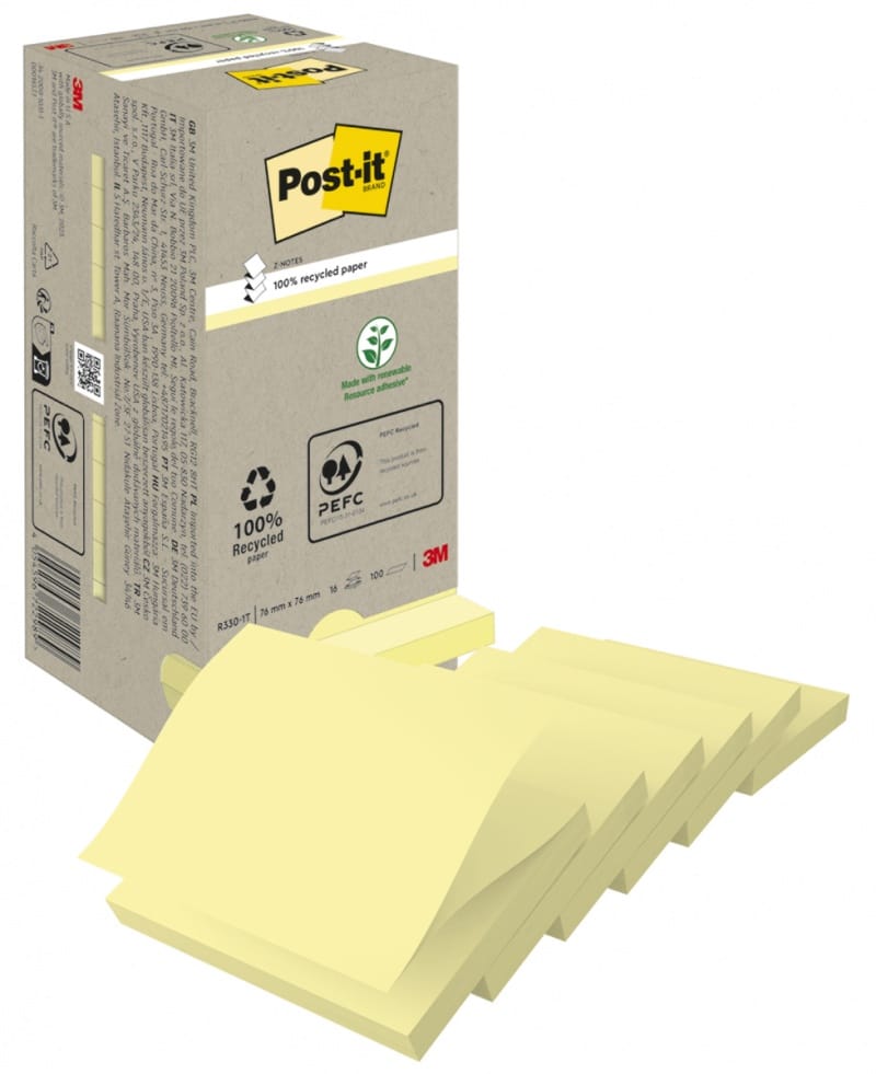 400276-232812-karteczki_samoprzylepne_post_it_recycled_z_n-800w Karteczki samoprzylepne POST-IT® Recycled Z-Notes (R330-1T), 76x76mm, 16x100 kart., żółty - obrazek 1