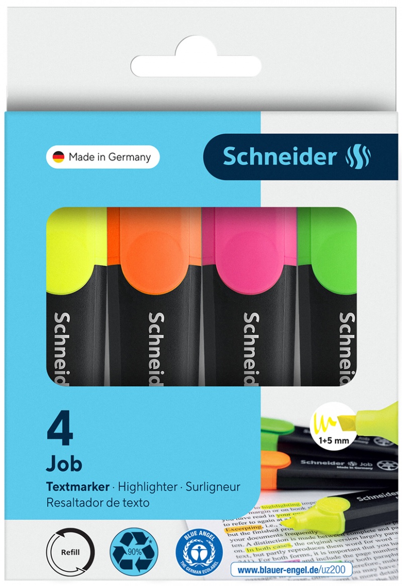 404542-23971-zestaw_zakreslaczy_schneider_job_1_5_mm_4_szt-800w Zestaw zakreślaczy SCHNEIDER Job, 1-5 mm, 4 szt., miks kolorów - obrazek 1