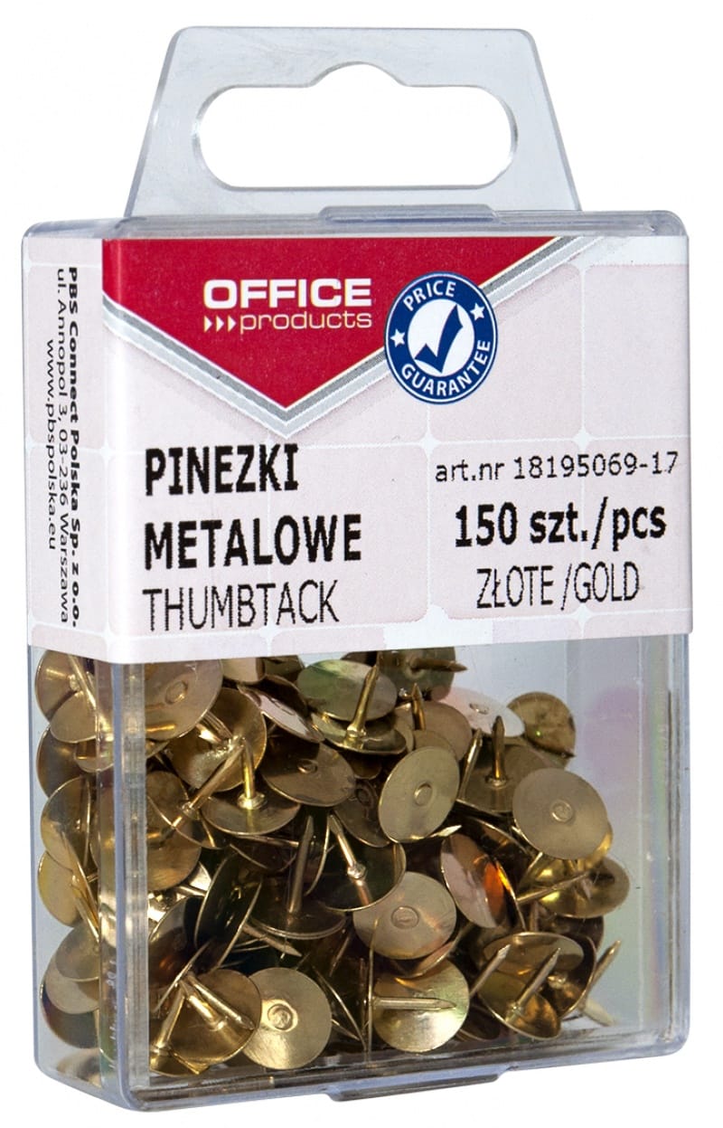 Pinezki metalowe OFFICE PRODUCTS, w pudełku, 150 szt., złote - obrazek 1