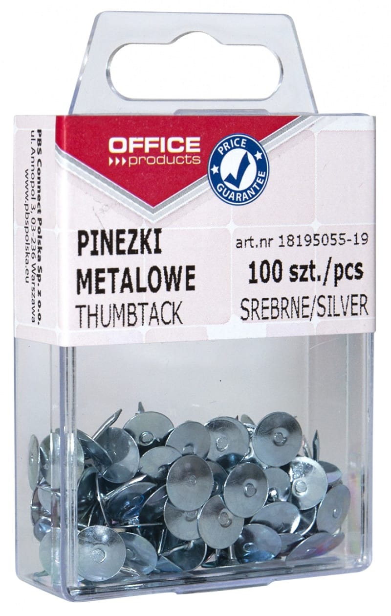 Pinezki metalowe OFFICE PRODUCTS, w pudełku, 100szt., srebrne - obrazek 1