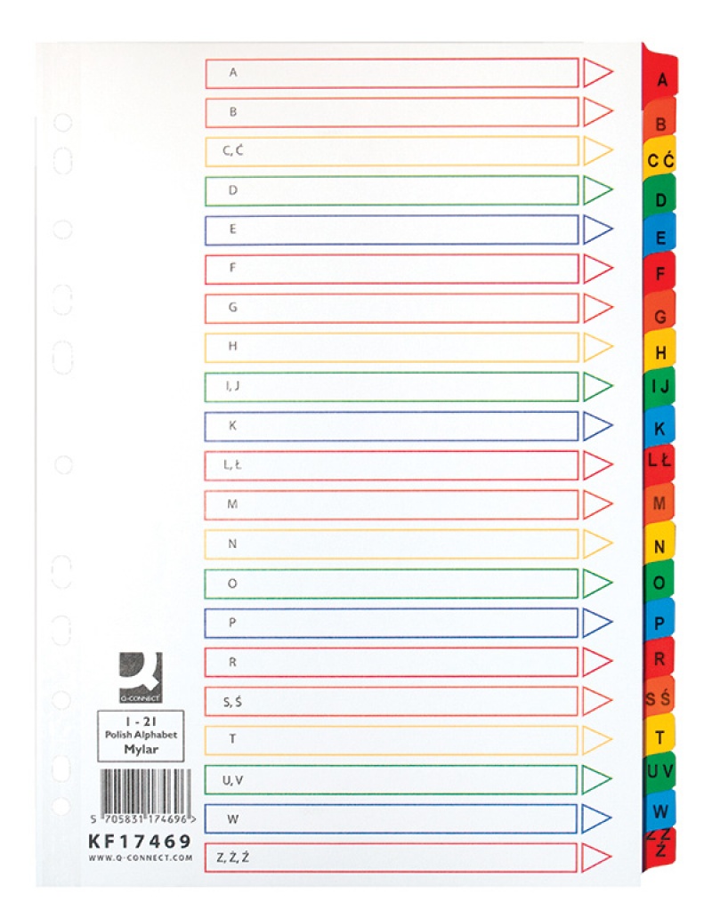 82582-24522-przekladki_q_connect_mylar_karton_a4_225x297mm-800w Przekładki Q-CONNECT Mylar, karton, A4, 225x297mm, A-Z, 21 kart, lam. indeks, mix kolorów - obrazek 1