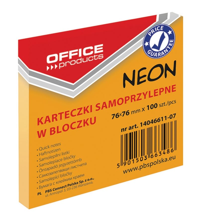 83480-22271-bloczek_samop_office_products_76x76mm_1x100_ka-800w Bloczek samoprzylepny OFFICE PRODUCTS, 76x76mm, 1x100 kart., neon, pomarańczowy (opakowanie 12 szt.) - obrazek 1