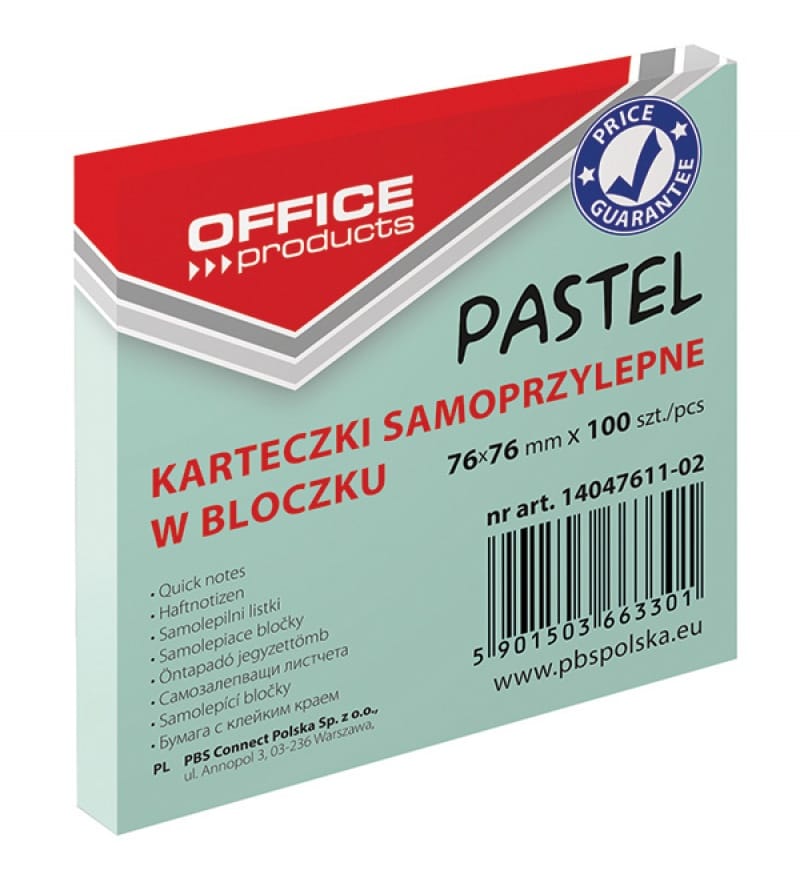83485-22265-bloczek_samop_office_products_76x76mm_1x100_ka-800w Bloczek samoprzylepny OFFICE PRODUCTS, 76x76mm, 1x100 kart., pastel, zielony (opakowanie 12 szt.) - obrazek 1