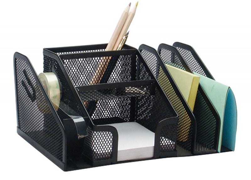 87394-20325-przybornik_na_biurko_q_connect_office_set_meta-800w Przybornik na biurko Q-CONNECT Office Set, metalowy, 6 komór + dyspeneser do taśm, czarny - obrazek 1